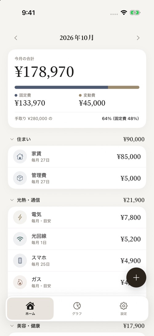 Costs の画面