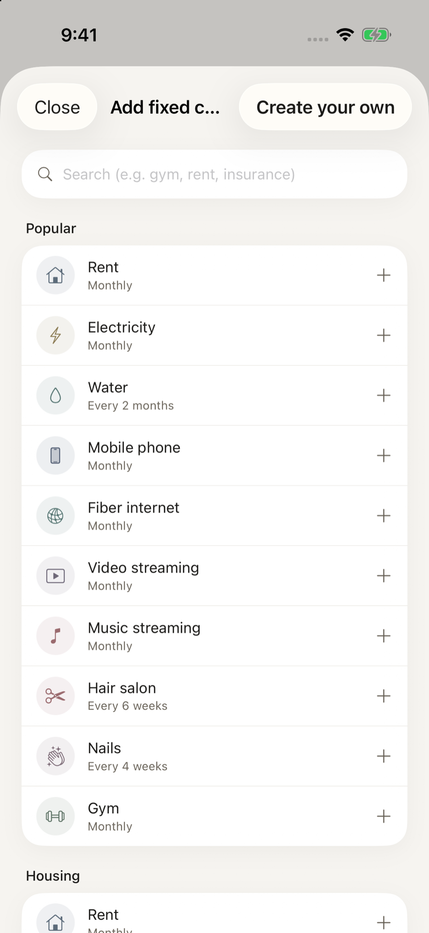 Costs preset picker for adding a fixed cost