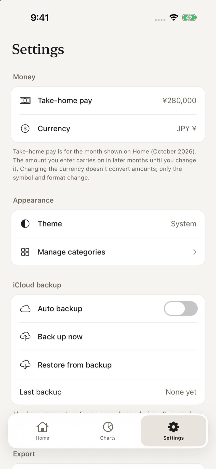 Costs settings with take-home pay, theme and iCloud backup