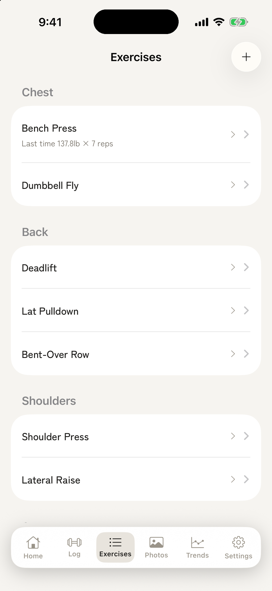 KATACHI exercise list grouped by body part