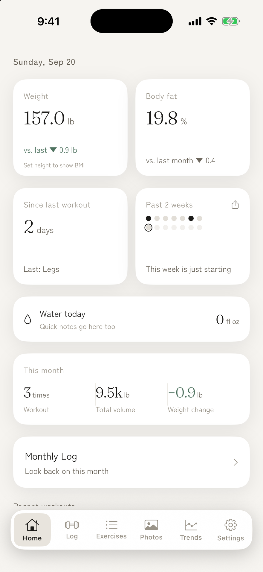 KATACHI home screen with weight, body fat and recent workouts
