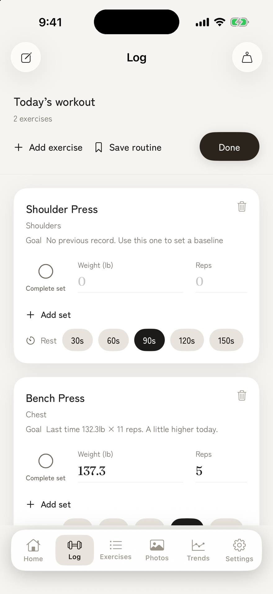 KATACHI workout log with a goal based on last time