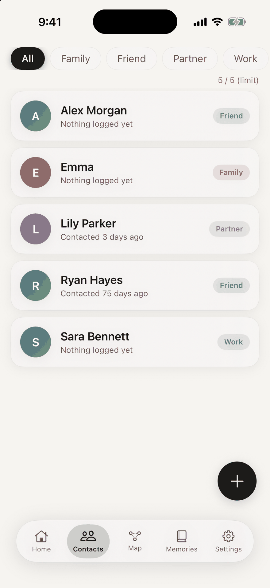 Keep In Touch contacts filtered by category
