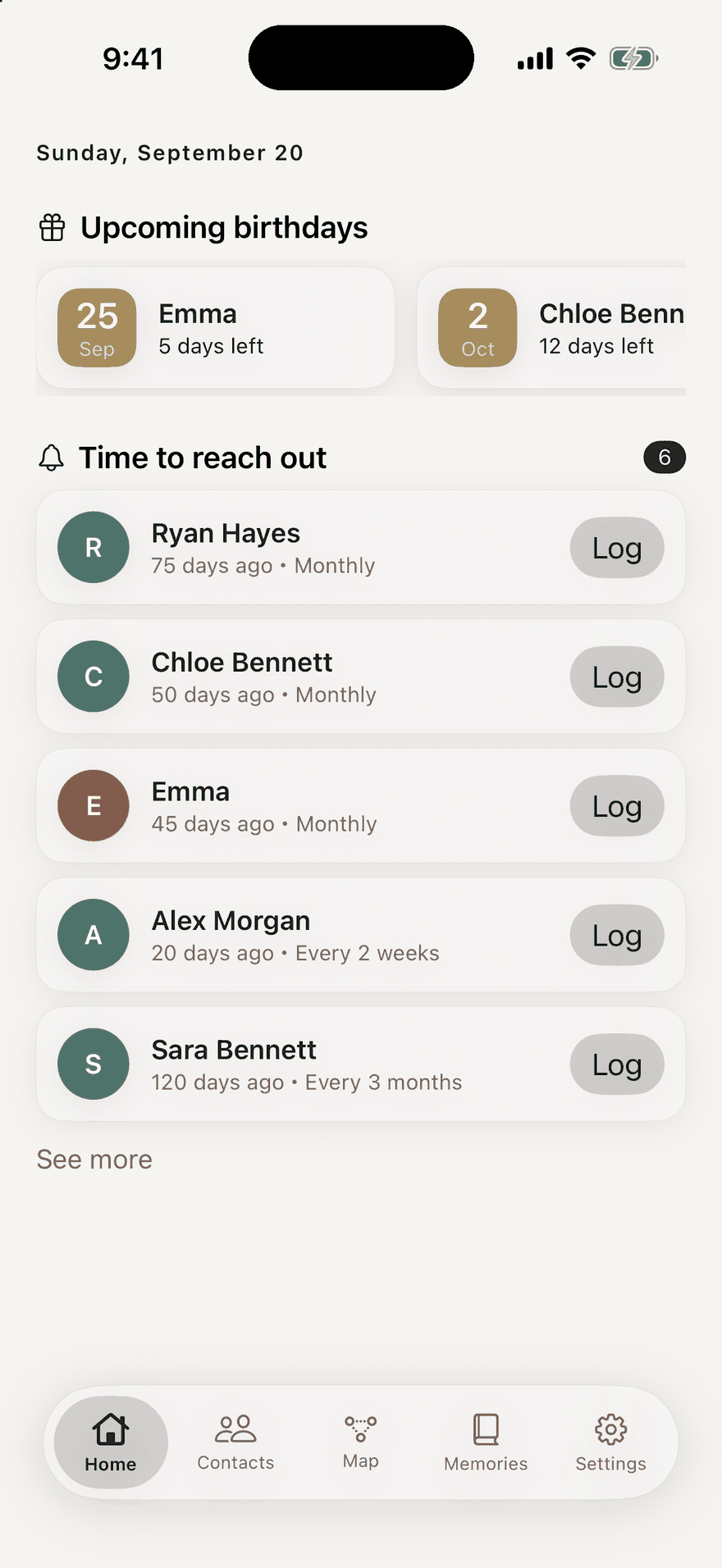 Keep In Touch home screen with upcoming birthdays and people to reach out to