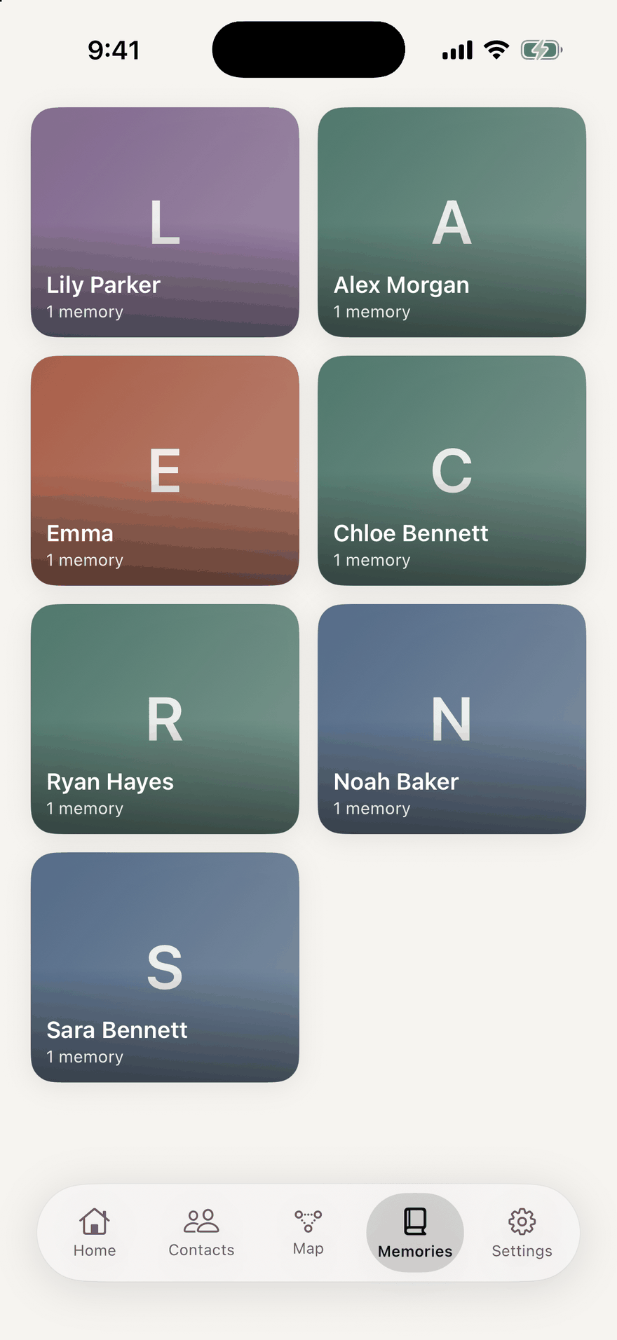 Keep In Touch memories shown as one tile per person