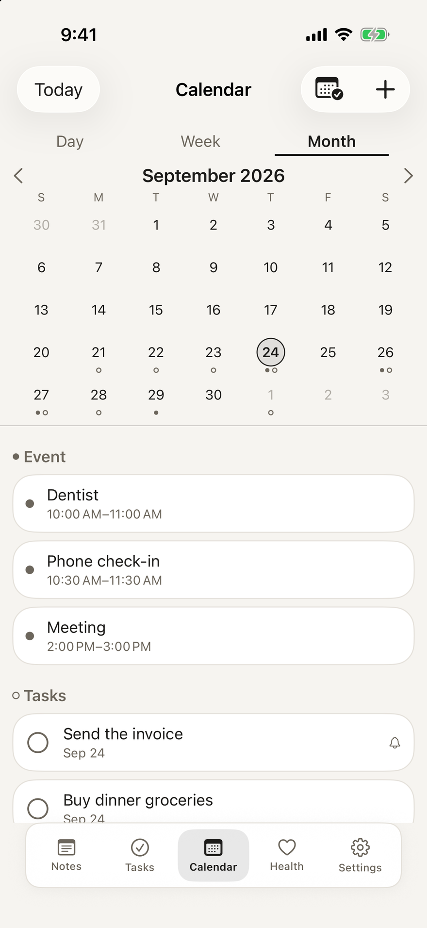 Utility calendar with events and tasks