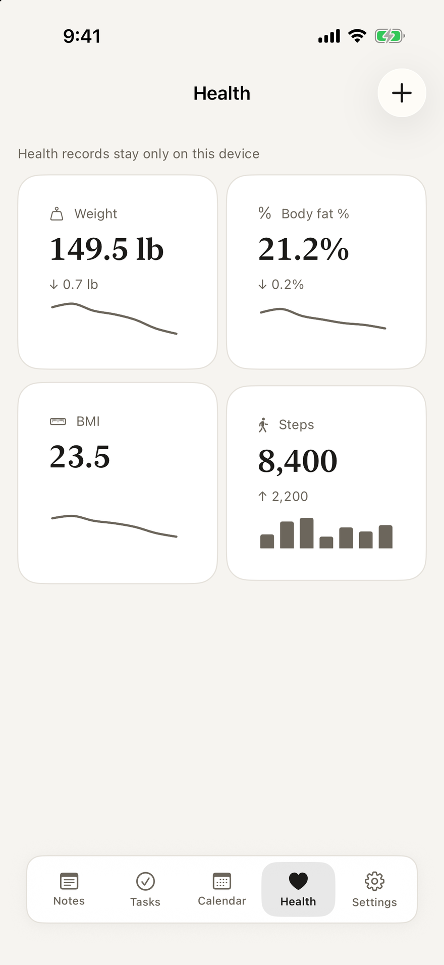 Utility health: weight, body fat, BMI and steps