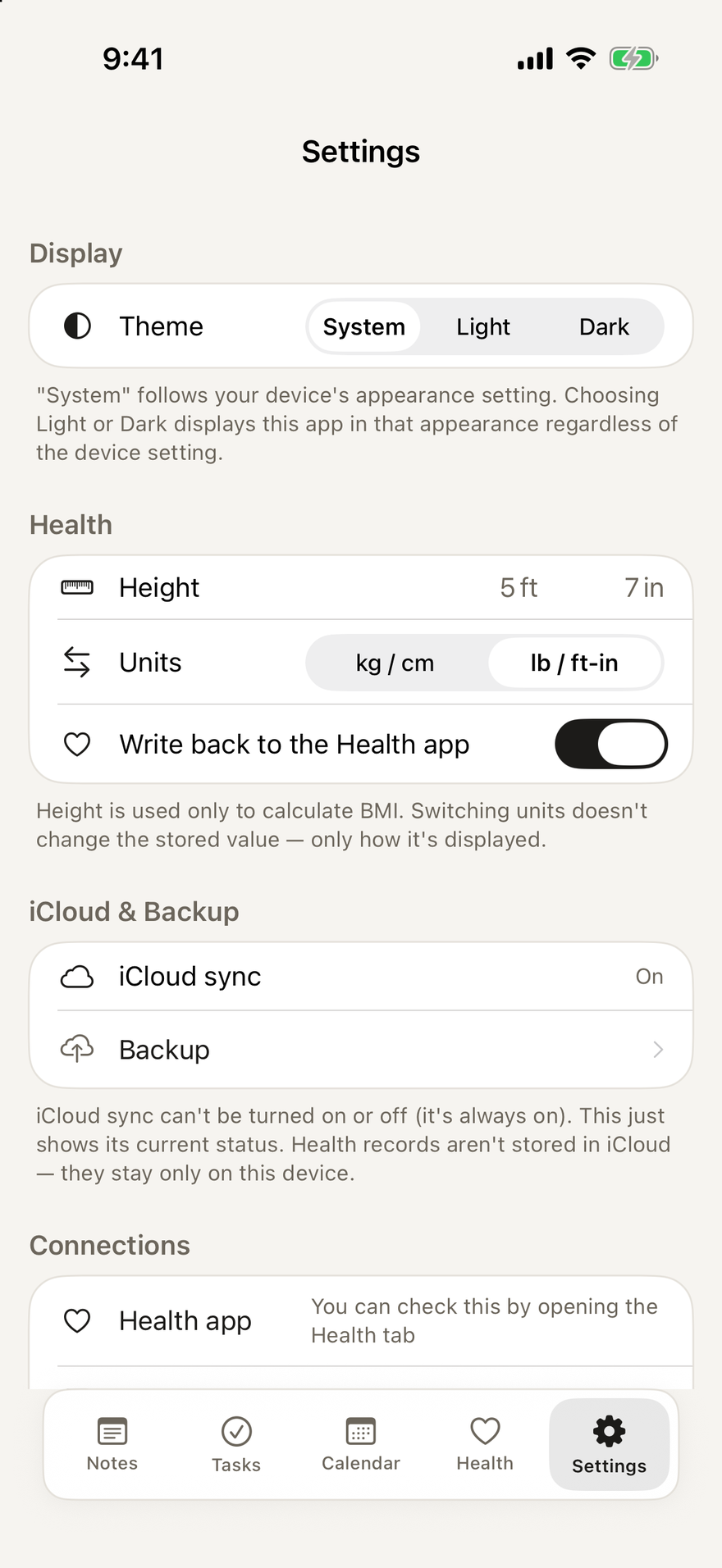 Utility settings with theme, units and iCloud