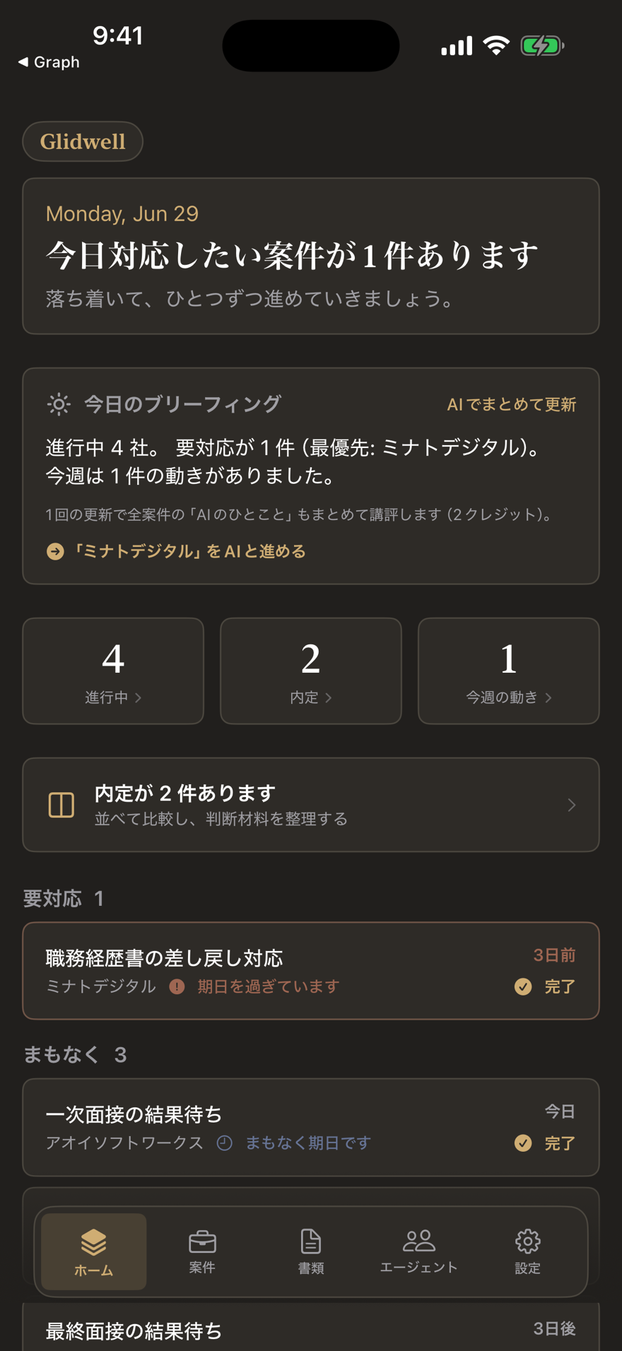 Glidwell のホーム画面（今日対応したい案件のまとめ）