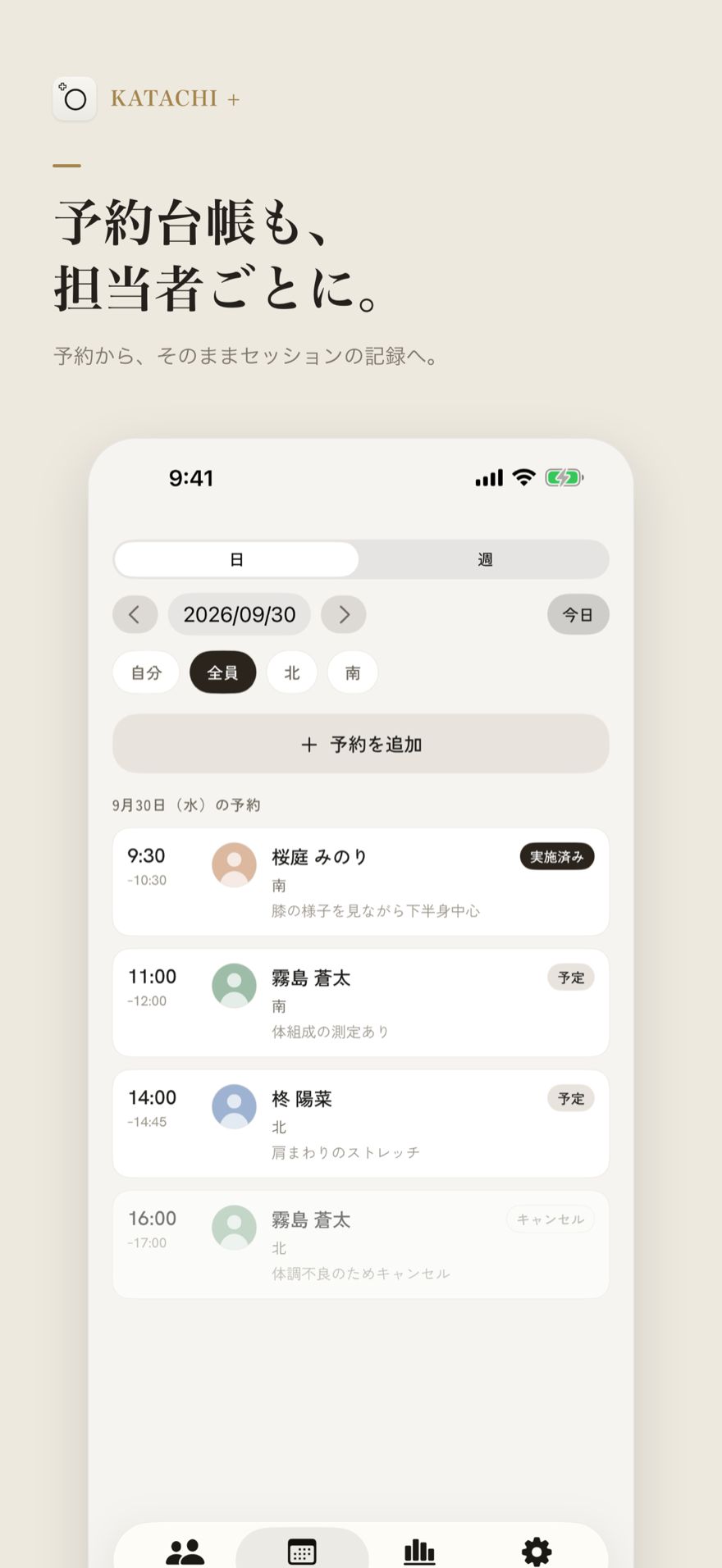 KATACHI + の予約台帳（日ごとの予約が担当者つきで並ぶ）
